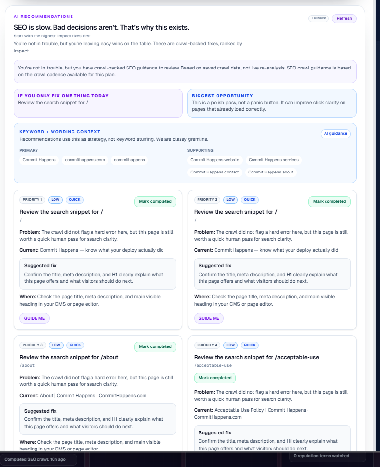 Commit Happens SEO crawl view with health score and actionable issues