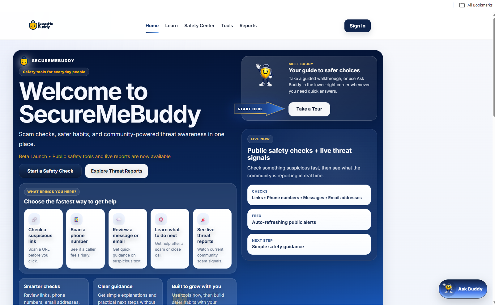 SecureMeBuddy home page with hero and primary calls to action