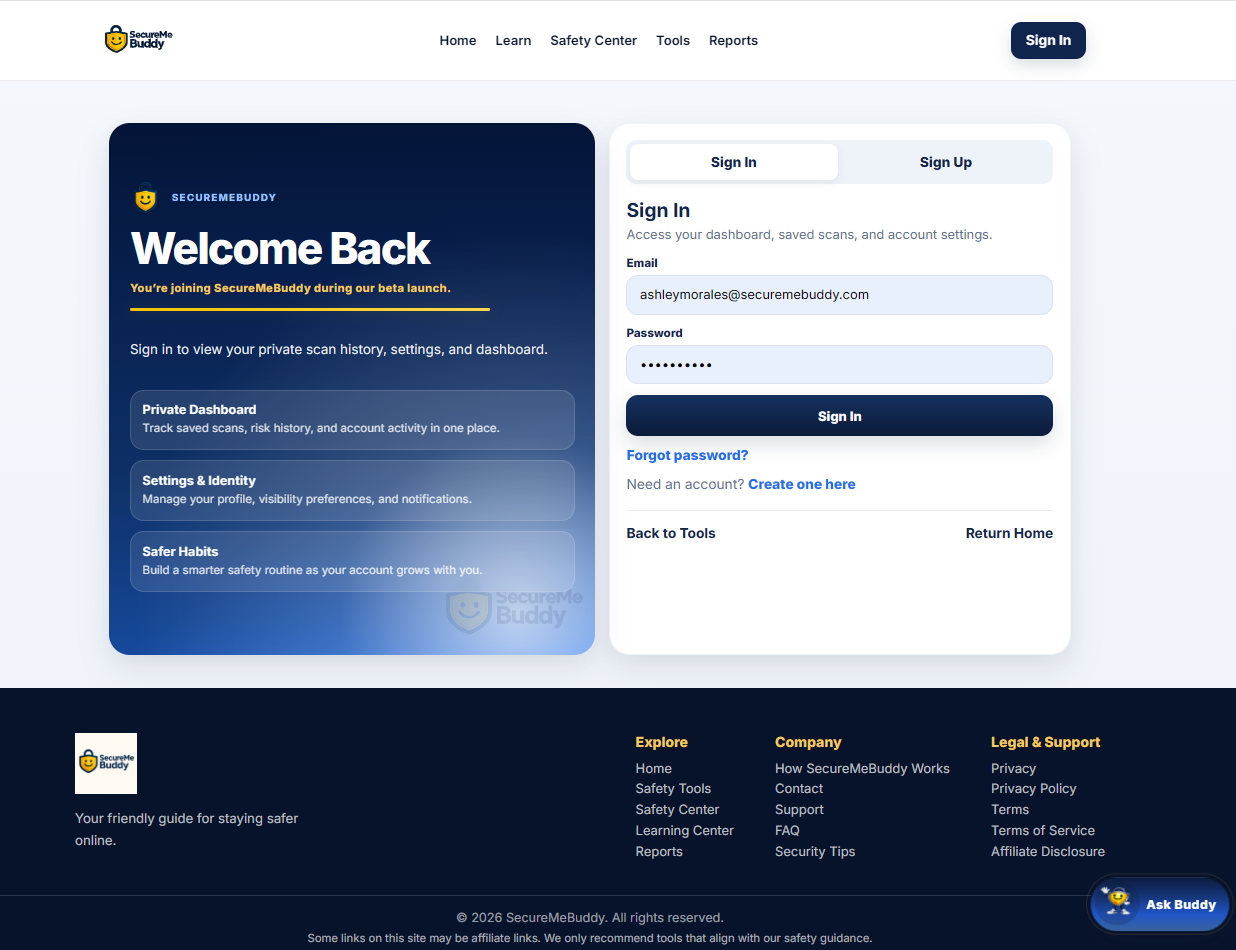 SecureMeBuddy sign-in