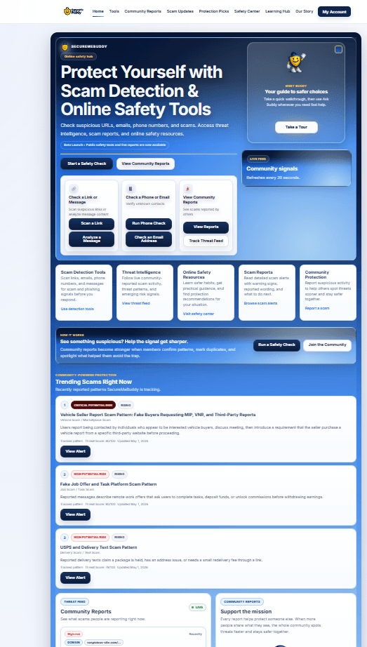SecureMeBuddy homepage with scam detection tools, community reporting, and trending scam alerts