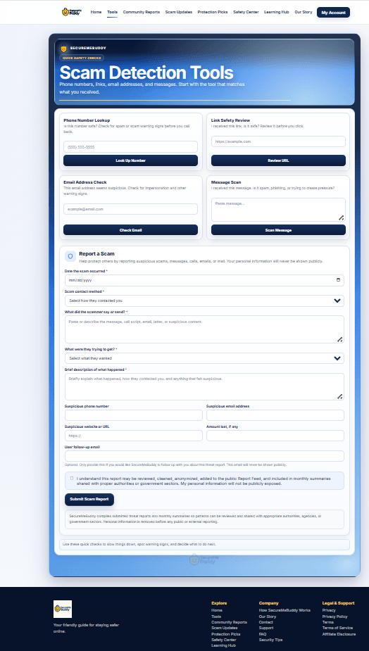 SecureMeBuddy scam detection tools and report-a-scam workflow